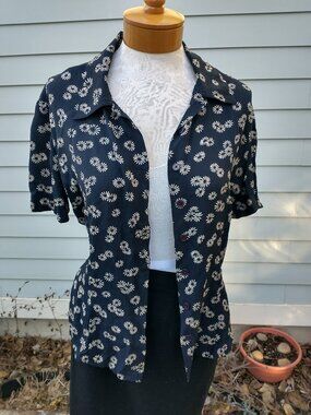 Blouse: silk black, stylized tan floral short sleeve. Size 12 - DKNY